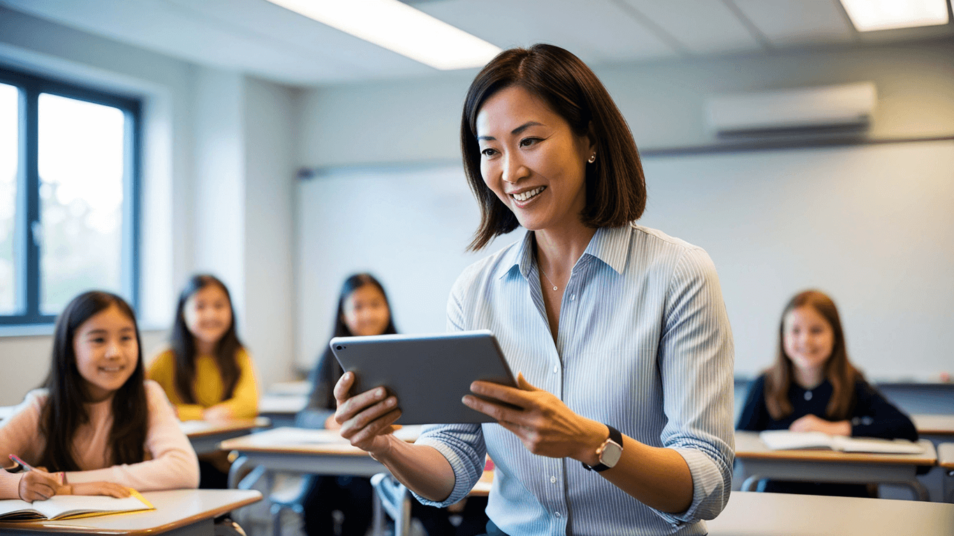 Teacher using Fleezy on a tablet to manage school equipment in class